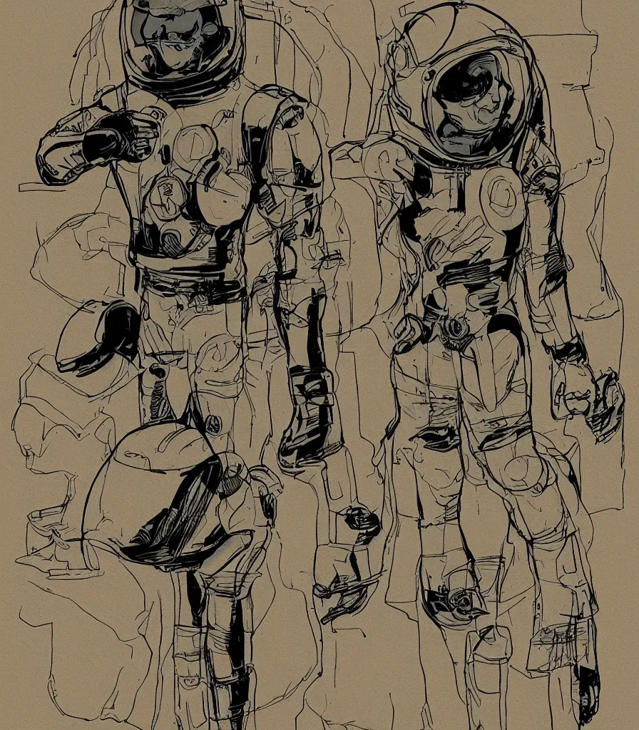 Prompt: male, heroic figure, space suit with a modern helmet, science fiction, sketch, character sheet, very stylized, digital art, illustration on kraft paper, etched pen and ink, digital painting, by mike mignola, by alex maleev