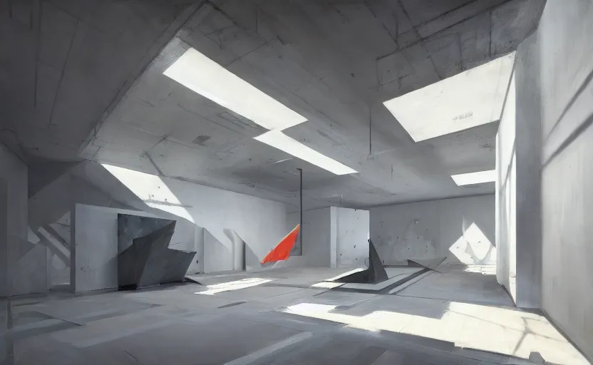 Image similar to painting of interior shot of a white concerete brutalist contemporary art museum with abstract colourful paintings hanging on the wall by darek zabrocki and greg ruthkowski, cinematic and cold atmospheric, archillect concept art, artstation, trending on artstation