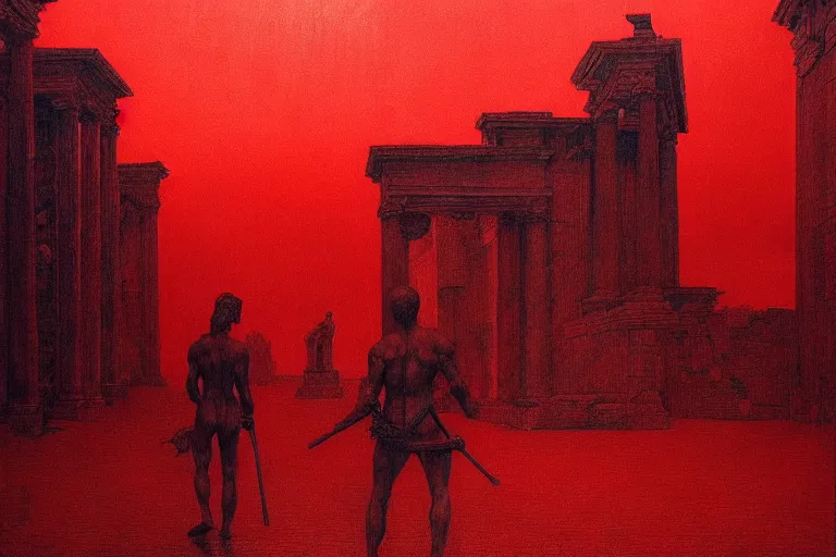 Image similar to only with red, caesar after war, a red tiger, in hoc signo vinces, rome in background, an ancient path, in the style of beksinski, part by hopper, part by rodcenko, part by hofbauer, intricate composition, red by caravaggio, insanely quality, highly detailed, masterpiece, red light, artstation