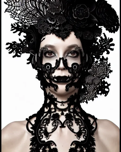 Image similar to surreal dark black and white photo portrait of complex bio-mechanical beautiful young female vegetal-cyborg with a Mandelbrot fractal steampunk metal fine lace face, a very long neck and a fine metal floral foliage super big lace collar by Alexander McQueen:: smoke, high fashion, haute couture, rococo, steampunk, silver filigree details, anatomical, facial muscles, cable wires, microchip, elegant, dreamy, foggy atmosphere, hyper realistic, 150 mm lens, soft rim light, octane render, unreal engine, picture was taken in 1910 by Man Ray, volumetric lighting, dramatic light,8k,