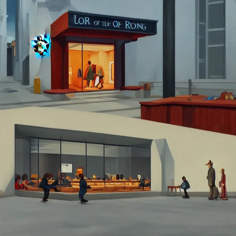 Prompt: apple store in Middle Earth Lord of the Rings, painted by Edward Hopper, painted by James Gilleard, airbrush