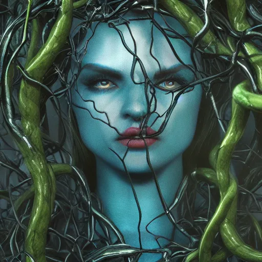 Image similar to dark queen of snakes, crown of snakes, blue skin, realism, dark fantasy, surrounded by thorned vines, octane render, artstation