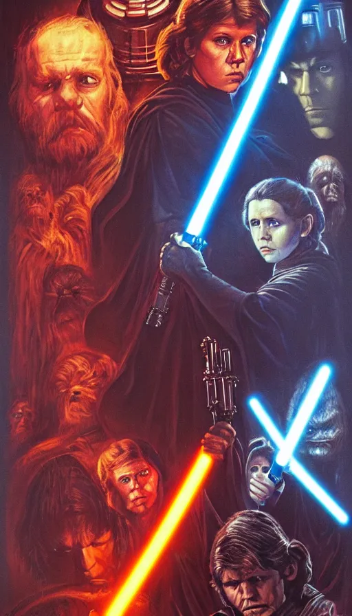 Image similar to poster artwork for the lost jedi star wars unreleased film from 1 9 8 6 featuring portraits luke skywalker, princess leia and han solo montage, an evil female sith lord looms in the background, planets and space battle, moody painting by drew struzan, beautiful backlit, epic award winning, artstation, extremely detailed, photorealistic, 4 k