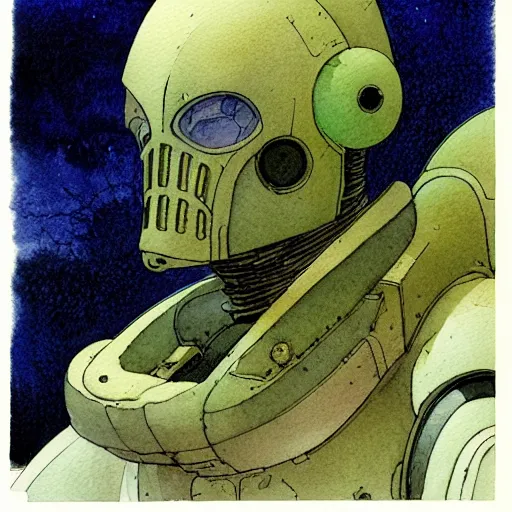 Prompt: a simple and atmospheric watercolour portrait of a pulp sci - fi alien soldier, very muted colors, by rebecca guay, michael kaluta, charles vess and jean moebius giraud