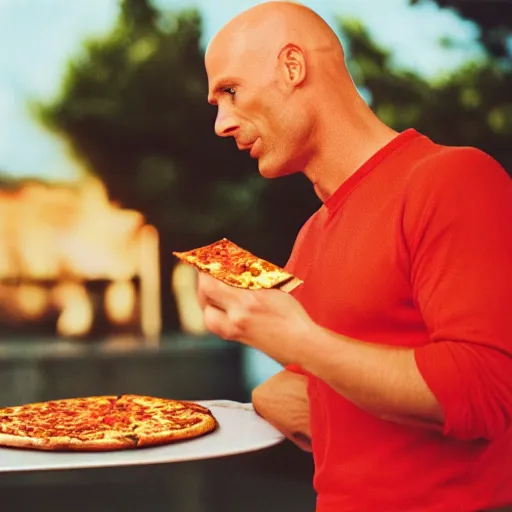 Prompt: johnny sins eating pizza, realistic photo, detailed face, cinestill