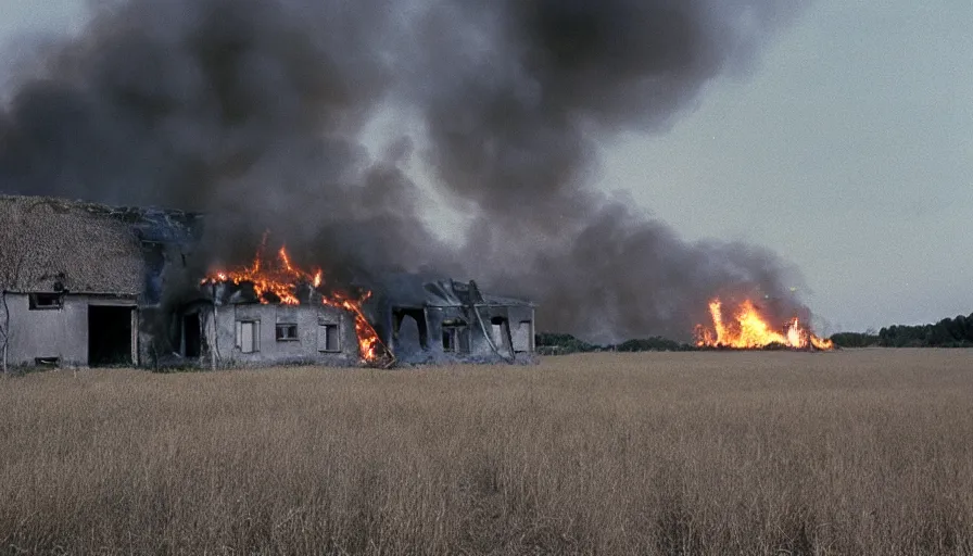 Prompt: 1 9 7 0 s movie still of a burning northern french house in a field, cinestill 8 0 0 t 3 5 mm, high quality, heavy grain, high detail, texture, dramatic light, ultra wide lens, panoramic anamorphic, hyperrealistic