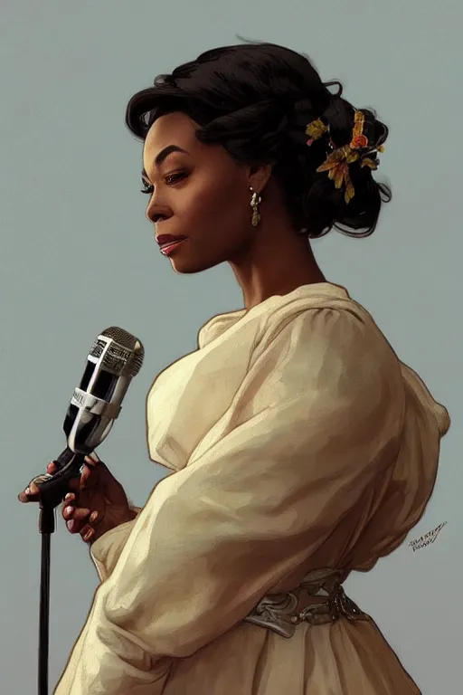 Image similar to beautiful cottagecore audreh winfrey holding a microphone. intricate, elegant. highly detailed, digital painting, artstation, concept art, smooth, sharp, focus, illustration. . art by artgerm and greg rutkowski and alphonse mucha