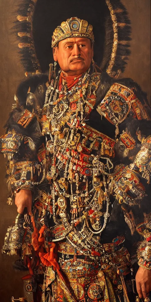 Image similar to Highly detailed and cinematic Renaissance period portrait oil painting of the Aztec emperor Montezuma!! an oil painting ((masterpiece)) by ((Josep Tapiró Baró)), dynamic lighting, 8K, Aztec!!