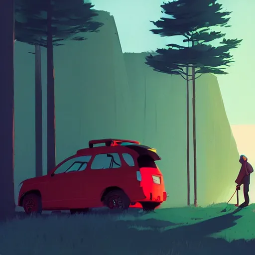 Prompt: hiker unloading the car before camping, by atey ghailan, cgsociety, fantasy art, 2 d game art