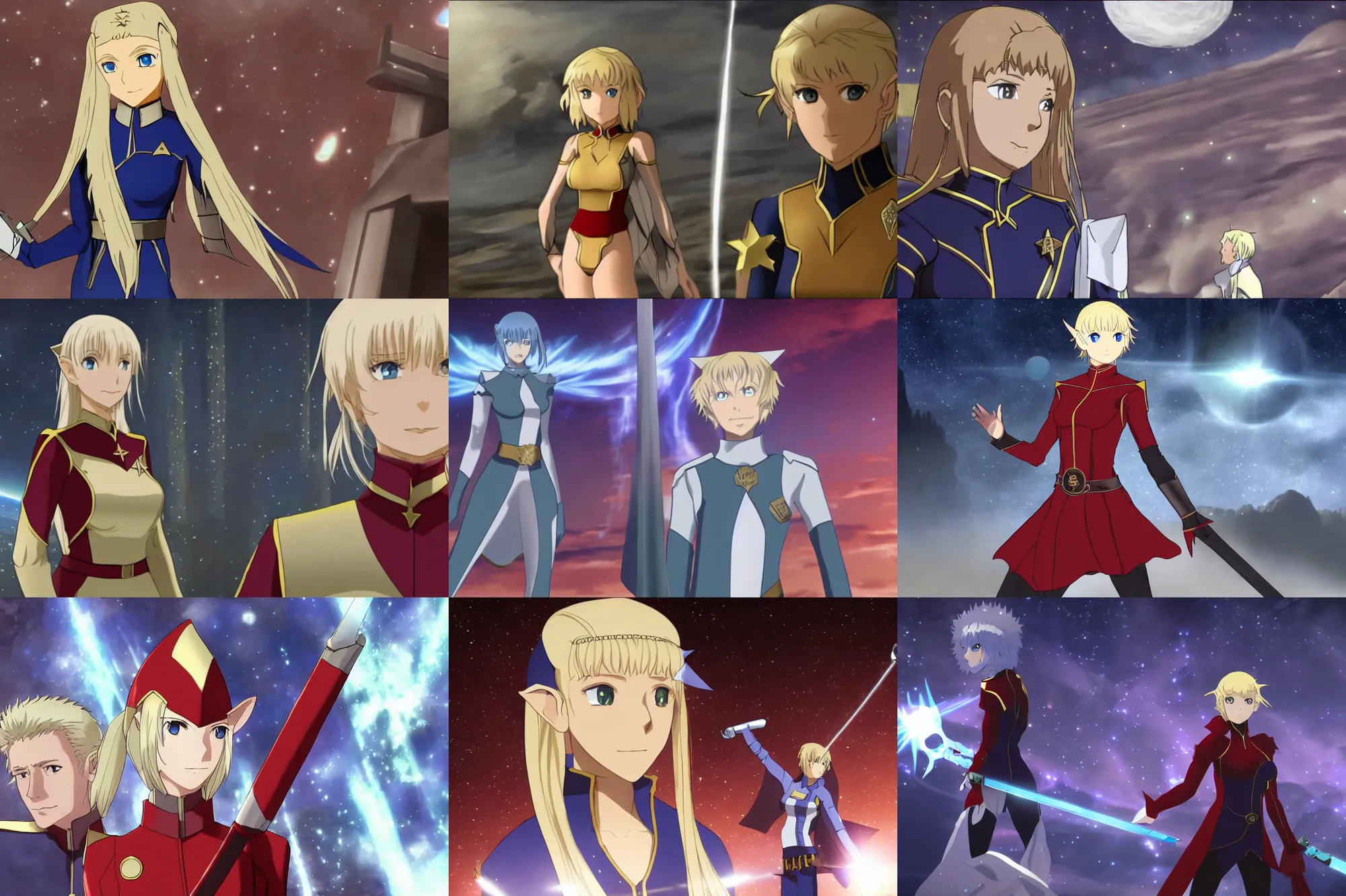 Prompt: Fate/Stay Night Unlimited Blade Works video of young attractive high-fantasy elf (blond) in a Starfleet uniform in Star Trek, scene where she is on Deep Space Nine, soft light, cinematic lighting, sharp