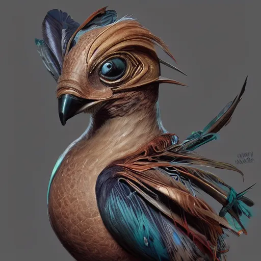 Image similar to a painting of a bird with intricate designs, cyberpunk art by marco mazzoni, featured on zbrush central, fantasy art, made of feathers, steampunk, rococo