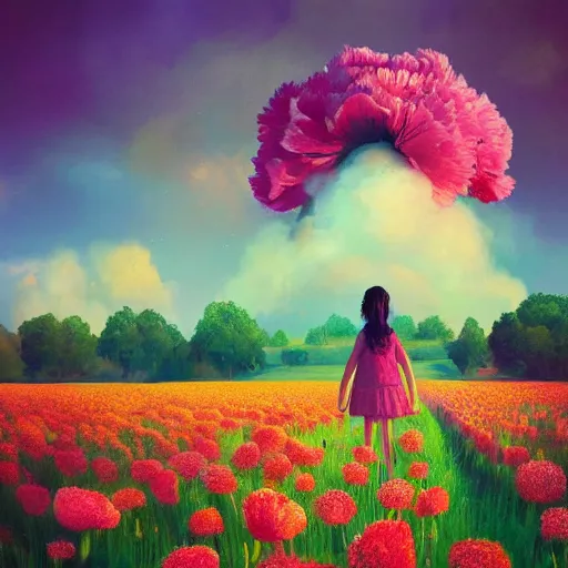 Image similar to giant carnation flower face, girl in a flower field, surreal photography, sunrise dramatic light, impressionist painting, colorful clouds, digital painting, artstation, simon stalenhag, flower face