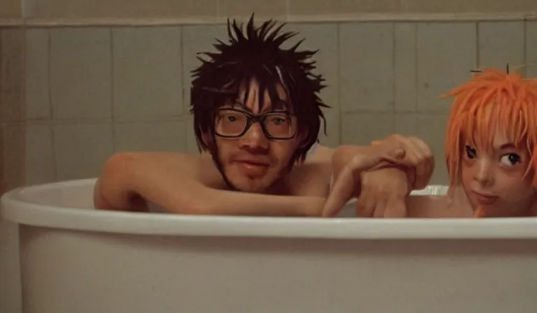 Image similar to The bathtub scene from Gummo, anime, by Hideaki Anno