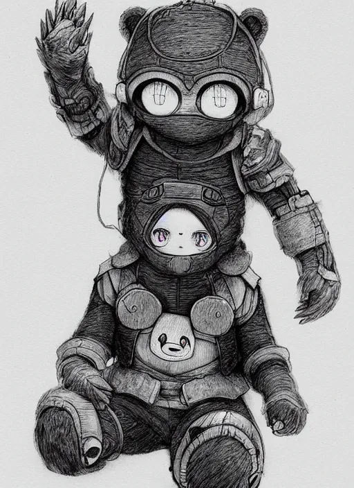 Image similar to beautiful little boy wearing an cyborg bear suit, artwork in kentaro miura and made in abyss and rosdraws, smooth, beautiful lightness, anatomically correct, trending on pixiv, forest