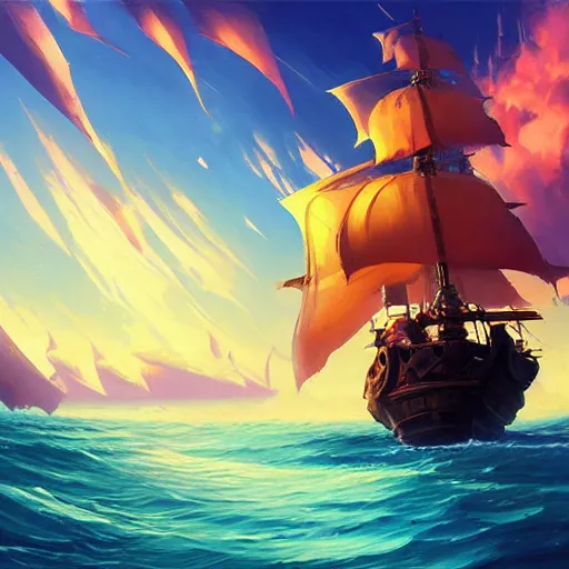 Image similar to ocean wherea large pirate ship is sailing, pirates flag, cgsociety, fantasy art, 2 d game art, concept art, heavenly lighting, retrowave, behance hd, concept art by jesper ejsing, by rhads, makoto shinkai cyril rolando, madgwick, cory loftis, anime studio and pixar animation studio and disney