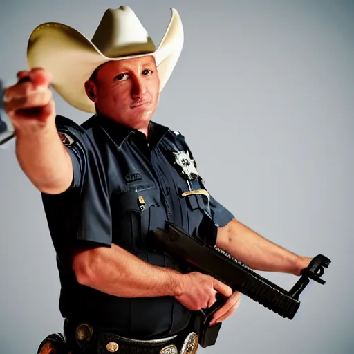Image similar to cop with cowboy head shooting in direction of the camera, cool style, super high quality