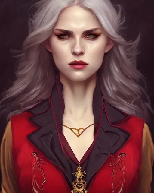 Image similar to female vampire, perfect face, gold waistcoat, red shirt, long grey hair, red necktie, cinematic, stunning, highly detailed, digital painting, artstation, smooth, hard focus, full body shot, illustration, art by artgerm and greg rutkowski and alphonse mucha