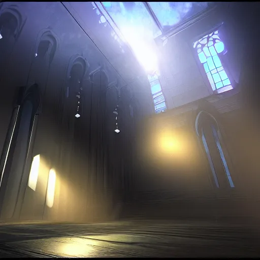Prompt: gothic spaceship realistic volumetric lights