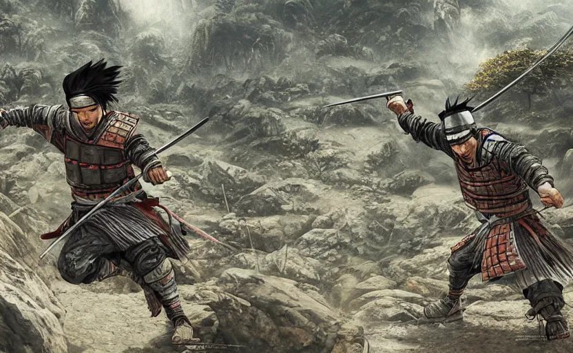 Image similar to highly detailed digital illustration of shinobi warrior running with katana through old, ruined, japanese village from sengoku period, surrounded by dense rock formations, high in mountains, cinematic lighting, photobash, raytracing, volumetric lighting