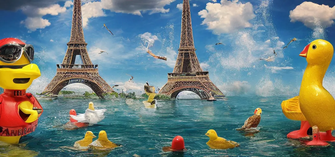 Prompt: super realistic, diver, Eiffel Tower, pond, rubber ducks, ultra high definition