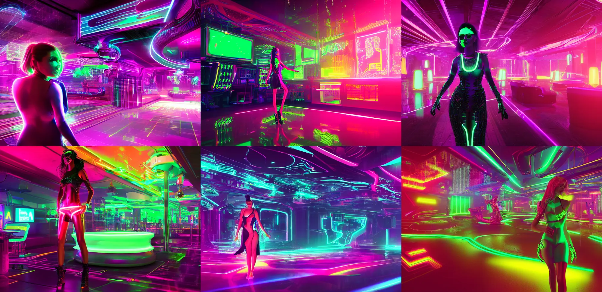 Prompt: a woman in a dazzling neon Cyberpunk nightclub, highly detailed digital art, 8k Octane