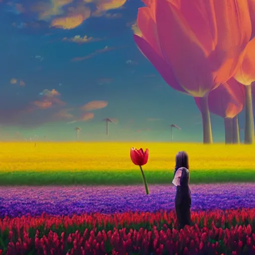 Image similar to girl with a giant tulip head, surreal photography, flower field, sunset dramatic light, impressionist painting, colorful clouds, blue sky, digital painting, artstation, simon stalenhag