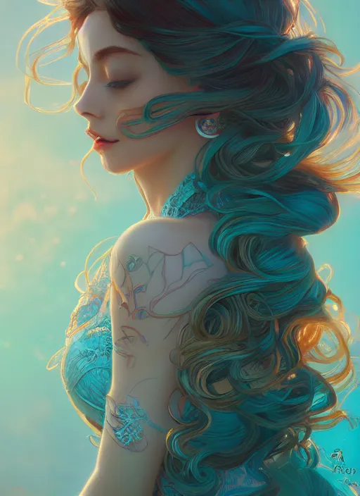 Image similar to beautiful girl with long turqoise hair, cute, intricate, highly detailed, digital painting, trending on artstation, concept art, smooth, sharp focus, backlit, rim light, vivid colors, illustration, unreal engine 5, 8 k, art by rossdraws and alphonse mucha