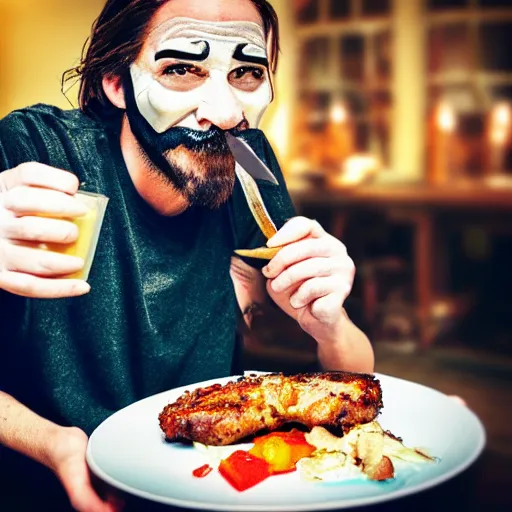 Prompt: man with guy fawkes mask eating pork chop