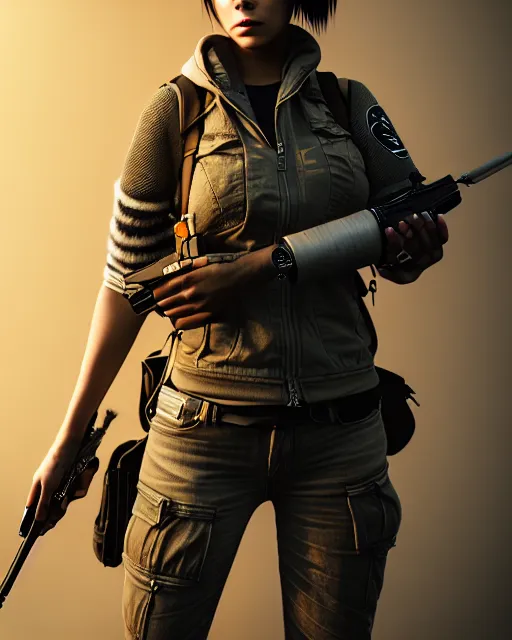 Image similar to z brush art of a female female urban hunter, vray render, marvelous designer clothing, intricate, detailed, 4 k textures