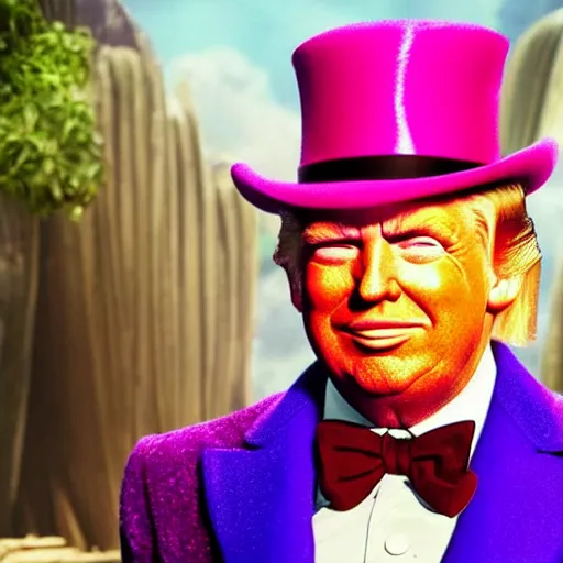 Image similar to donald trump as willy wonka in avengers movie, fantasy, splash art, avengers movie, movie still, detailed face, photorealistic facial features, cinematic lighting, dramatic, octane render, long lens, shallow depth of field, blockbuster, bokeh, hd, anamorphic lens flare, 8 k, hyper detailed, 3 5 mm film grain