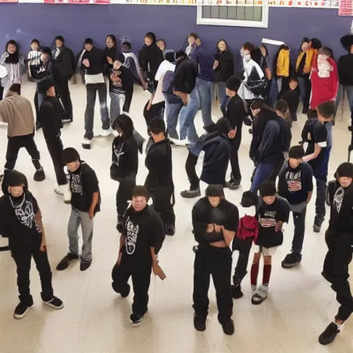 Prompt: Rival gangs in school show up to fight, realistic.