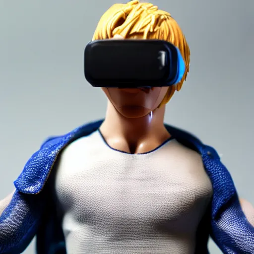 Image similar to action figure of a skinny blonde male wrestler wearing a vr headset and wearing a t - shirt and jeans, high detail, realistic,