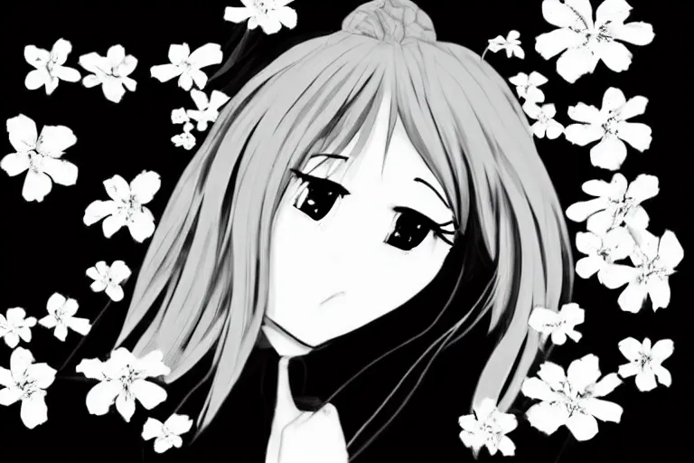 Image similar to “Extremely distraught black and white anime girl dramatically crying with flowers petals being blown around her by a violent wind, black and white”