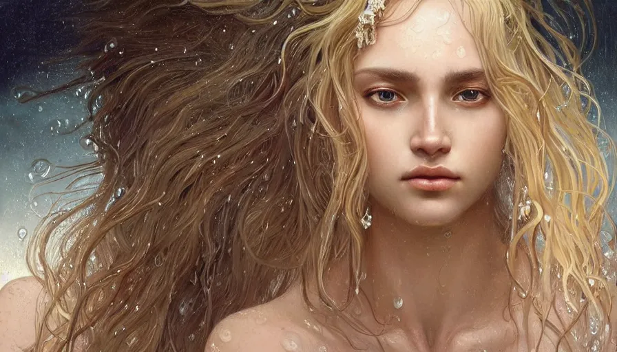 Prompt: an beautiful goddess with wet blonde hair and sweaty skin, wet hair, flowing hair, beautiful face, perfectly-centered-Portrait of a most beautiful woman it the world, intricate, highly detailed, digital painting, artstation, concept art, smooth, sharp focus, illustration, Unreal Engine 5, 8K, art by artgerm and greg rutkowski and alphonse mucha