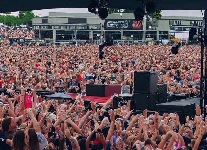 Image similar to photo still of queen elizabeth on stage at vans warped tour!!!!!!!! at age 7 0 years old 7 0 years of age!!!!!!! stage diving into the crowd, 8 k, 8 5 mm f 1. 8, studio lighting, rim light, right side key light