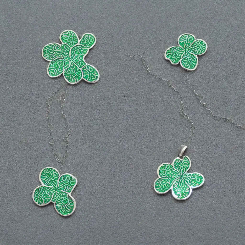 Image similar to Amulet Of Clover inlaid in silver light green colors, realistic, clean,