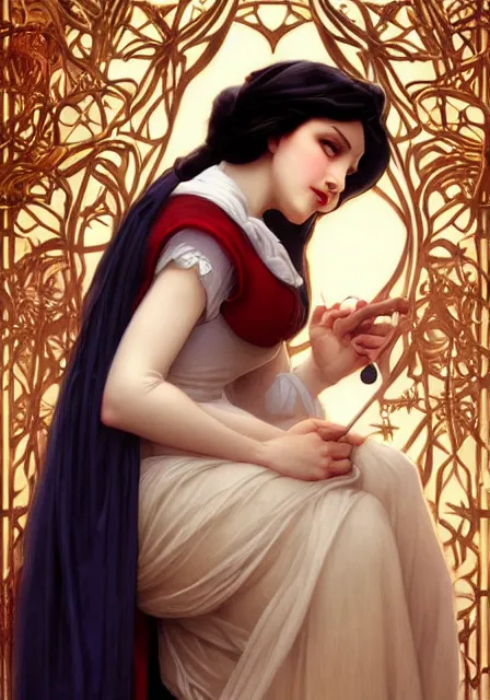 Image similar to snow white and evil queen, intricate, elegant, highly detailed, digital painting, artstation, concept art, smooth, sharp focus, illustration, art by artgerm and greg rutkowski and alphonse mucha and william - adolphe bouguereau