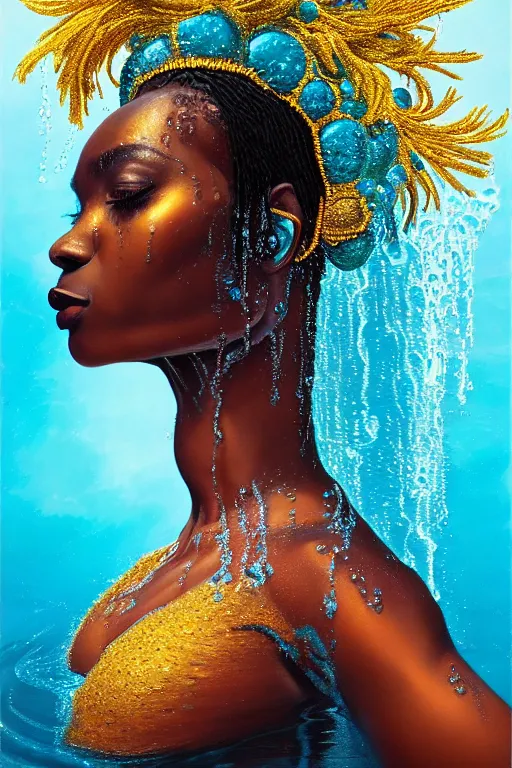 Image similar to hyperrealistic precisionist cinematic profile very expressive! black oshun goddess, in water! up to shoulders, mirror dripping droplet!, gold flowers, highly detailed face, digital art masterpiece, smooth eric zener cam de leon, dramatic pearlescent turquoise light on one side, low angle uhd 8 k, shallow depth of field