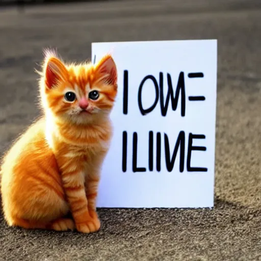 Image similar to cute fluffy orange tabby kitten with a sign that says