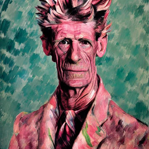 Image similar to shredded physique feathered tall neck beak Portrait of Samuel Beckett camouflaged as Flamingo whilst wearing a pink tuxedo Standing atop a Garbage Truck Greg Rutkowski Lucian Freud Paul Cezanne antonio donghi Jamie Wyeth