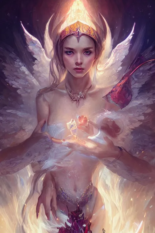 Image similar to portrait of a beautiful elf casting magic spell holding diamonds, angel, fantasy, dramatic lighting, highly detailed, digital painting, holding electricity, magic the gathering, hyper detailed, 3 d render, hyper realistic detailed portrait, peter mohrbacher, wlop, ruan jia