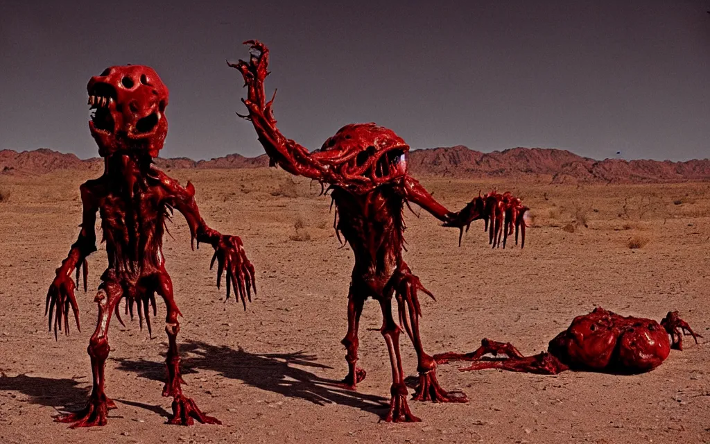 Prompt: in the desert a bloody gross horrifying The Thing creature made of muscle and bone and blood stares at the camera, eating, it walks on two legs, mid day, 35mm photography, realistic,