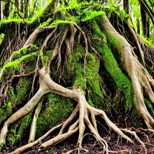 Image similar to mother nature emerging from the roots of a mangrove tree, mossy, roots, nature