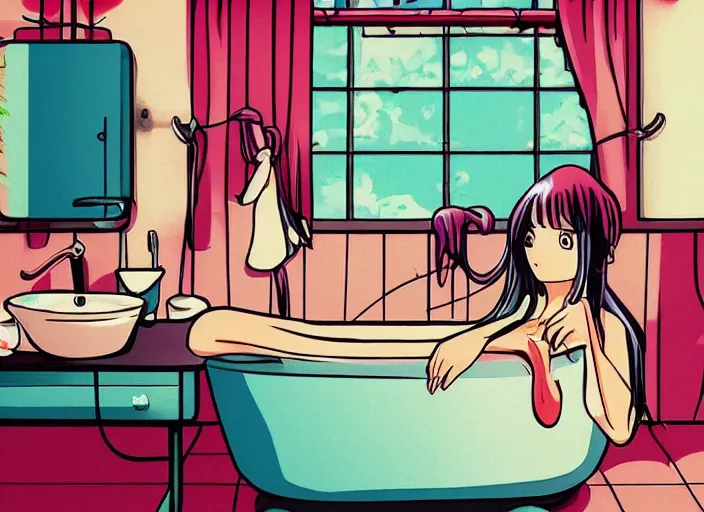 Prompt: girl in bathtub, bathroom, boring, anime, 1 9 9 0 s, retro style, aesthetic, chill, room