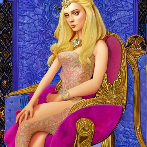 Image similar to a beautiful detailed portrait of a blonde stunningly beautiful fantasy queen in her throne room by lisa frank trending on artstation