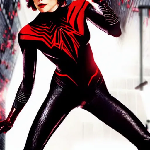 Prompt: Mila Jovovich as spiderwoman , film still, best scene, 4k