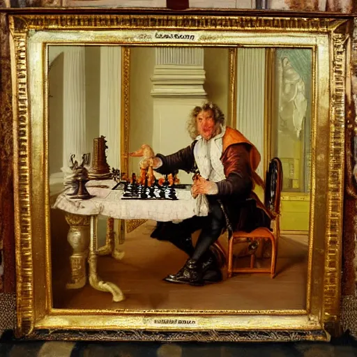 Image similar to robin wiiliams playing chess looking wise, rococo oil painting, highly detailed