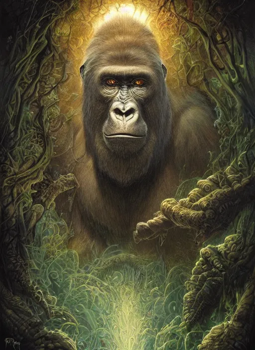 Image similar to deep jungle gorilla glowing reptile eyes, shamanic poster lsd art, intricate, elegant, highly detailed, centered, digital painting, artstation, concept art, smooth, sharp focus, illustration, artgerm, tomasz alen kopera, peter mohrbacher, donato giancola, joseph christian leyendecker, wlop, frank frazetta