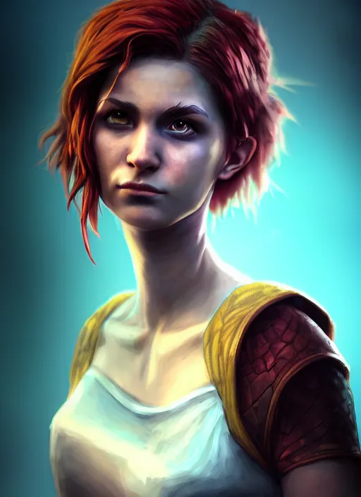 Image similar to an epic fantasy comic book style portrait painting of a girl with short straggly hair, low lethargic insouciance voice with a drawl wearing a ragged dress, unreal 5, daz, hyperrealistic, octane render, cosplay, rpg portrait, dynamic lighting