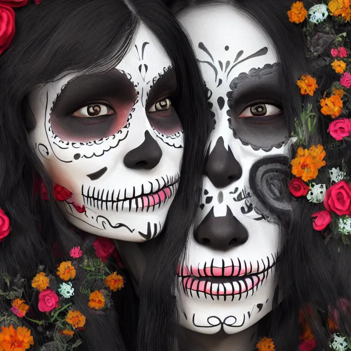 Prompt: a smiling girl with long black hair, part of her face slightly painted as dia de los muertos, by alozuniga _. with the style of arcane ( 2 0 2 1 ). digital draw, digital art, trending on instagram, digital painting. octane render, unreal engine, beautiful lips.